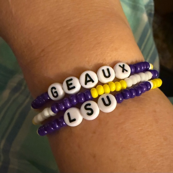 Handmade LSU Inspired Purple, Yellow, and White Beaded Bracelet Stack 7" - Picture 4 of 4